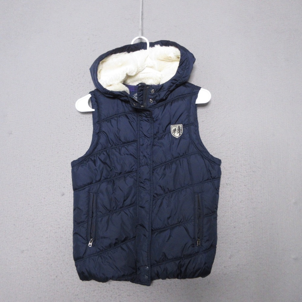 American Eagle Puffer Vest Women Medium Blue Y2K Faux Fur Hood Patch‎ Zip Nylon